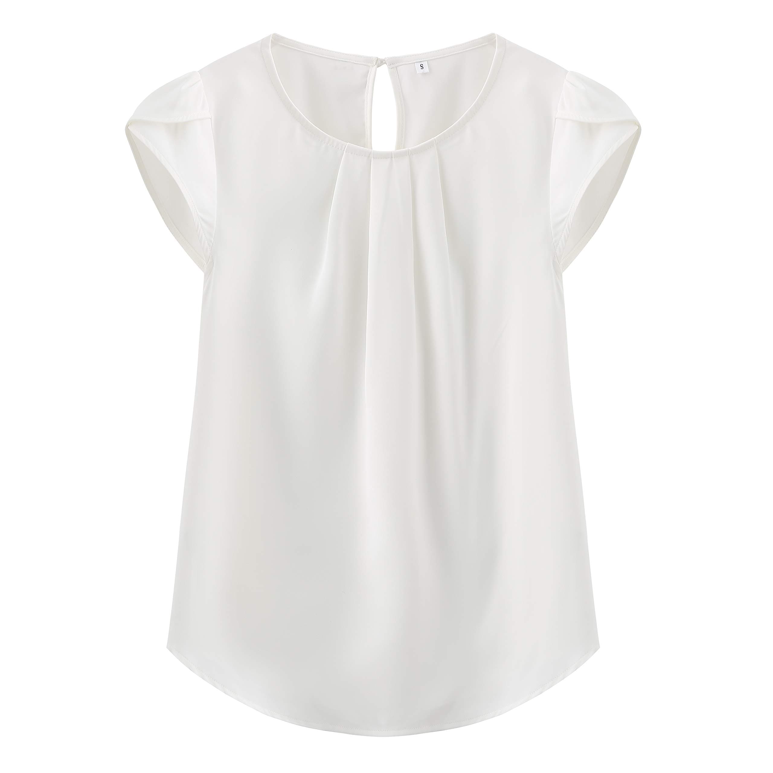 TASAMOWomen's Casual Round Neck Basic Pleated Top Cap Sleeve Curved Keyhole Back Chiffon Blouse