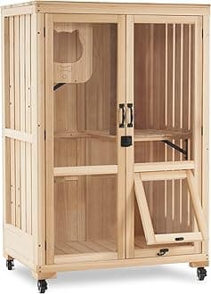 MCombo Luxury Cat House with Scratching Post, Wooden Multi Feature Large Cat Condo with Escape Door and Wheels, Kitten Cages with Shelter Indoor Outdoor CT83 (Natural)