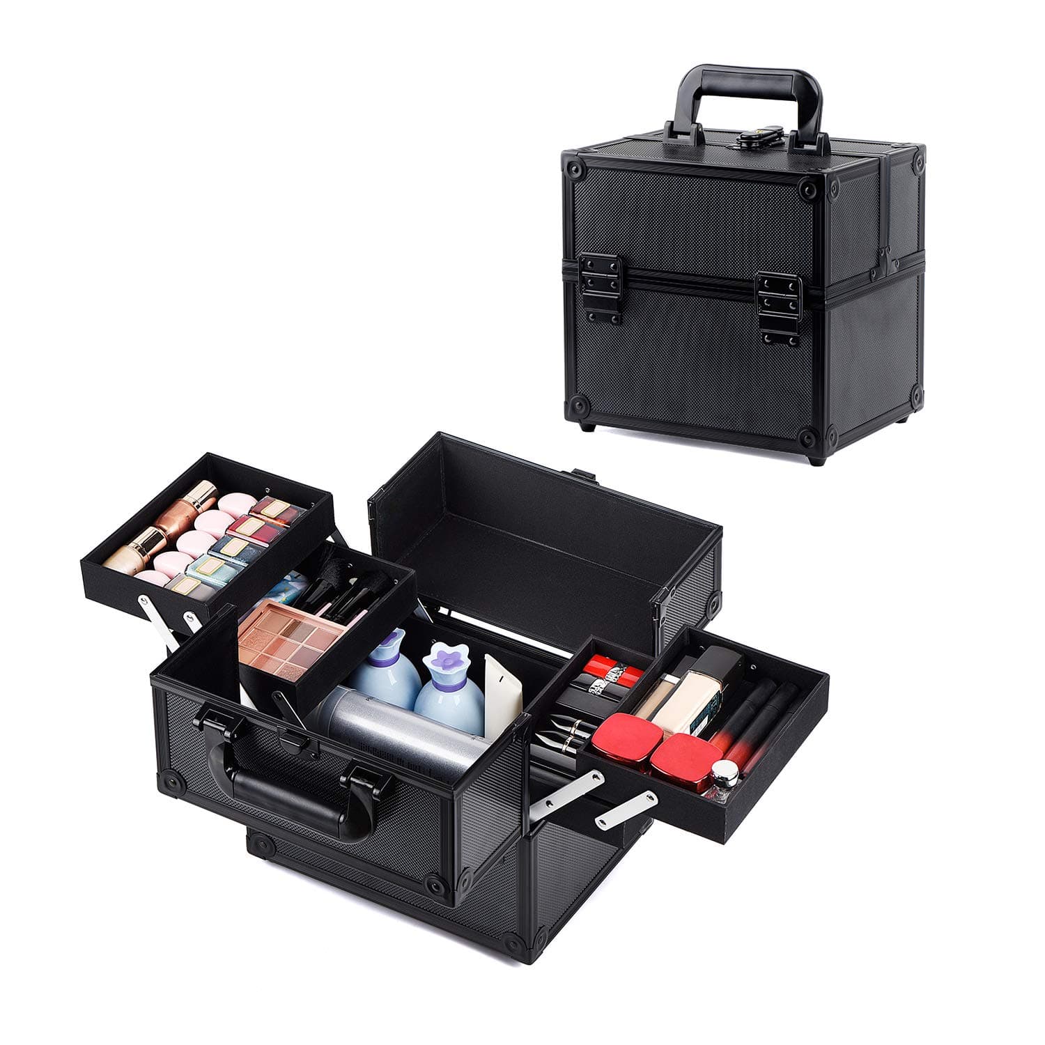 Makeup Train Case Adjustable 4 Trays Professional Cosmetic Cases Portable Makeup Storage Organizer Box with Lock and Compartments, Carrying with Handle 10 Inch Black