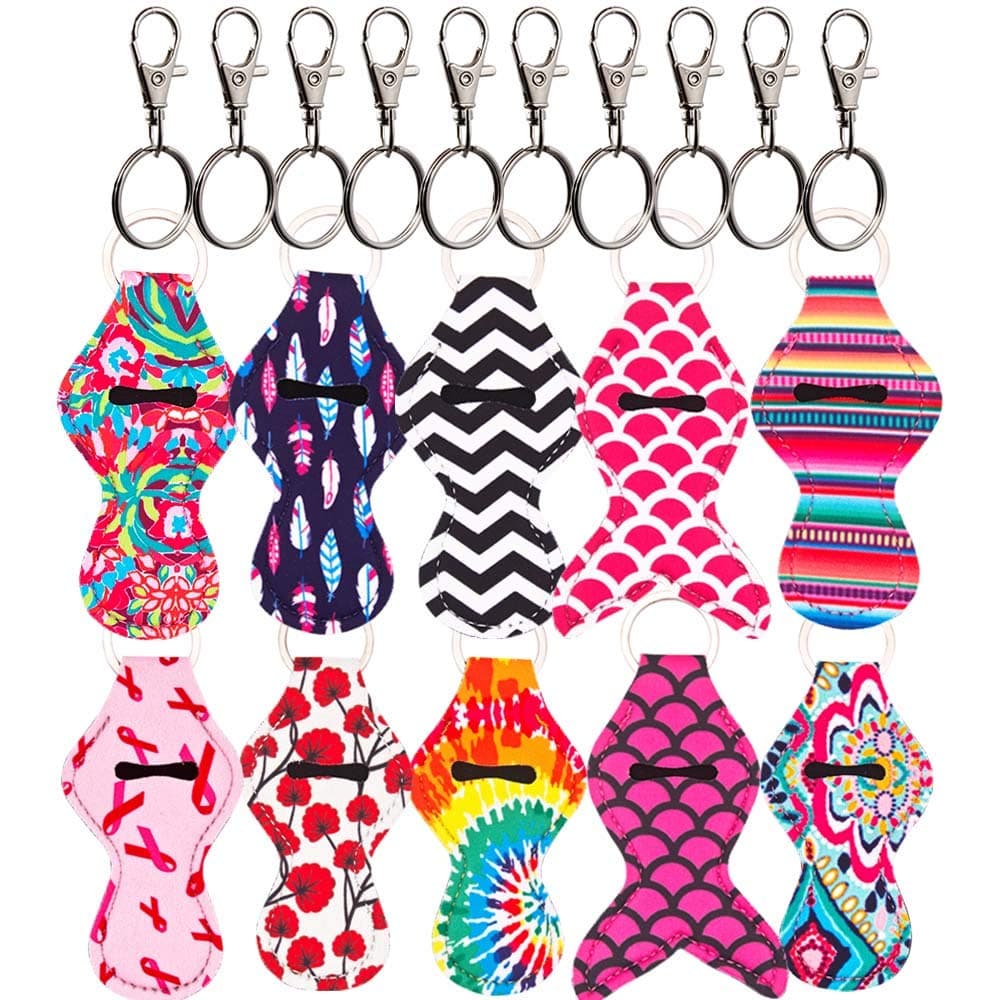 Heyah 10 Pack Vibrant Chapstick Holder Keychain with 10 Metal Clip Cords, Lightweight, Perfect Portable Pouch for Burt's Bees Lip Balm Tube, Blistex Chapstick and More