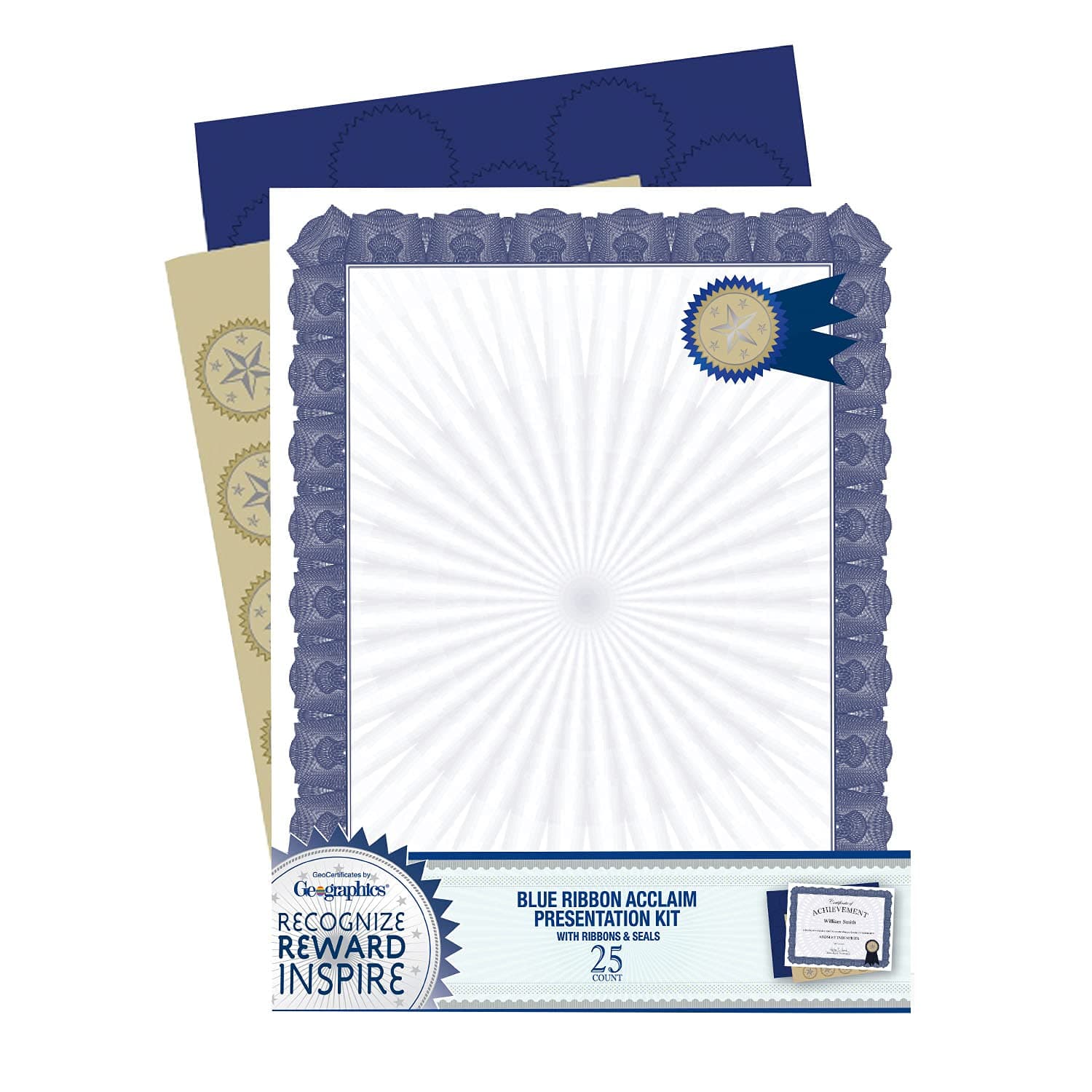 - Geographics Award Certificate Kit, 8.5 x 11" Blank Certificate Paper, Gold Foil Seals & Blue Ribbon Stickers (Pack of 25)