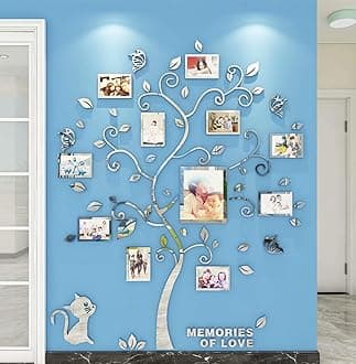3D Tree Wall Stickers - Family Tree Wall Decor Black Trunk Picture Frame DIY Photo Frame Decals Family Frames Living Room (Silver, Large)