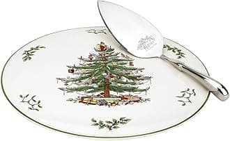 Spode Christmas Tree Cake Plate & Server Set - 11.5 Inch Fine Porcelain Cake Plate with Stainless Steel Server for Holiday Parties - Festive Christmas Tableware, Seasonal Dinnerware