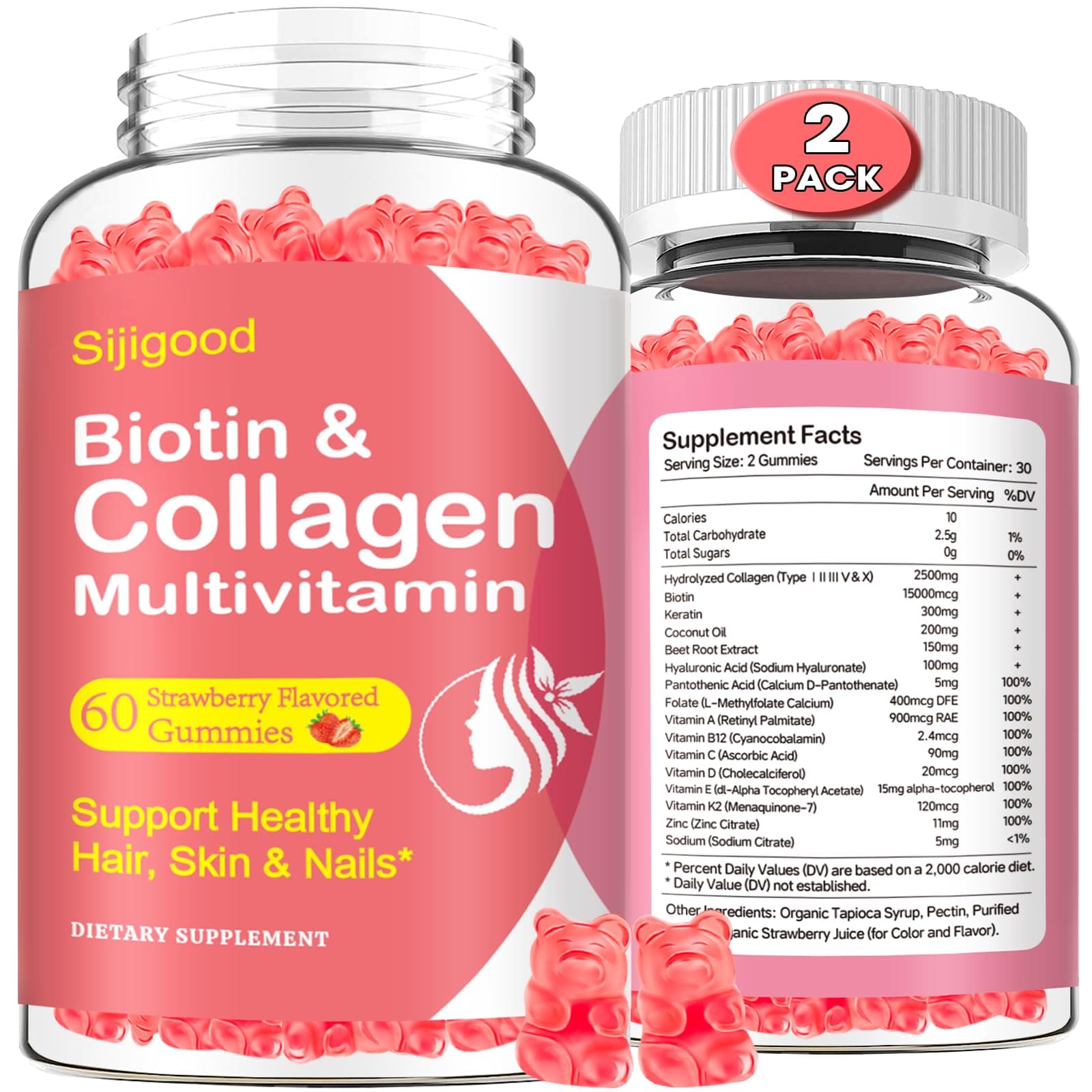 2 Pack Multi Collagen Peptides Gummies for Women & Men, Ultra Hydrolyzed Protein Type I II III V X with Biotin, Hyaluronic Acid & Vitamin C D K2 B12 A E for Skin Hair Nails, Bone, Sugar Free 120Cts