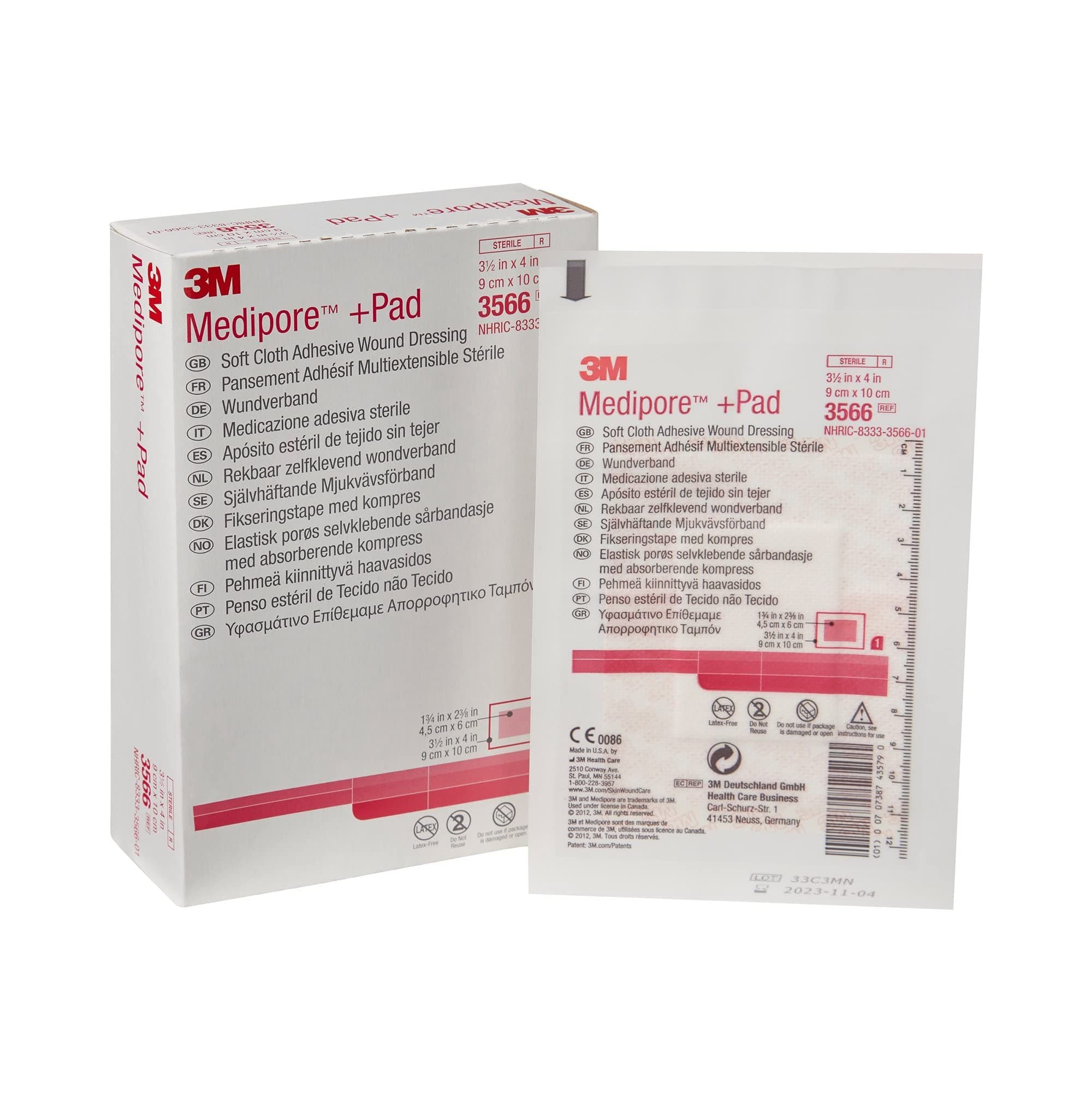 3M™ Medipore™ +Pad Soft Cloth Adhesive Wound Dressing, 3566, Dressing - 3-1/2 in x 4 in, Pad - 1-3/4 in x 2-3/8 in (Box of 25)