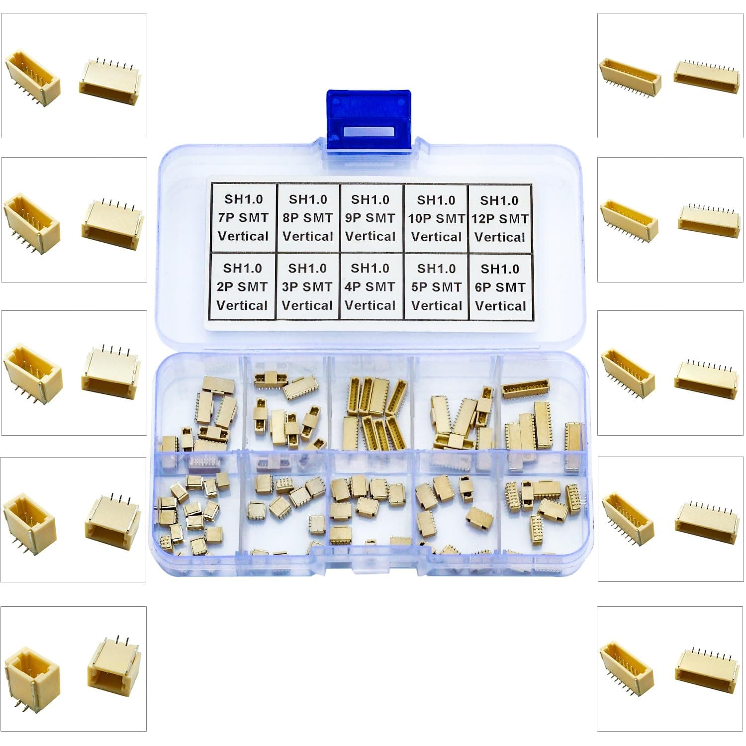 JST Connector Kit, SH1.0 SMT Header Jst 1mm Pitch IC Socket Plugs Adapter, JST-SH 2/3/4/5/6/7/8/9/10/12Pin SMT Header Surface Mount Mounting Top Type Vertical Header (SH1.0-SMT-Ver)