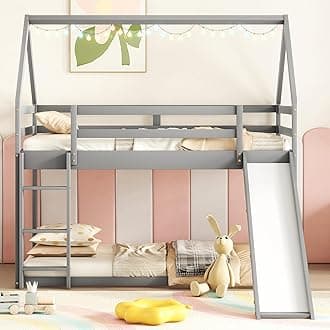 MERITLINE Twin Over Twin House Bunk Beds with Slide, Low Floor Bunk Bed for Kids, Girls, Boys,Grey