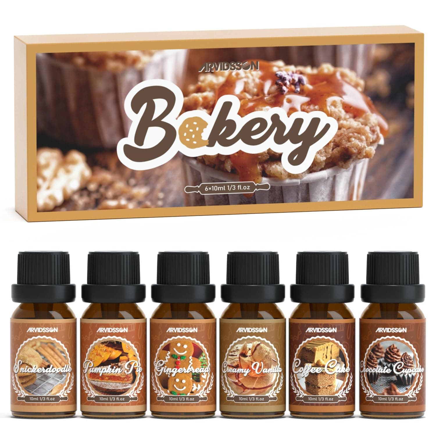 ARVIDSSON Bakery Essential Oils Set, Natural Fragrance Oil for Diffuser, Candle Making - Pumpkin Pie, Snickerdoodle, Gingerbread, Coffee Cake, Creamy Vanilla, Chocolate Cupcake