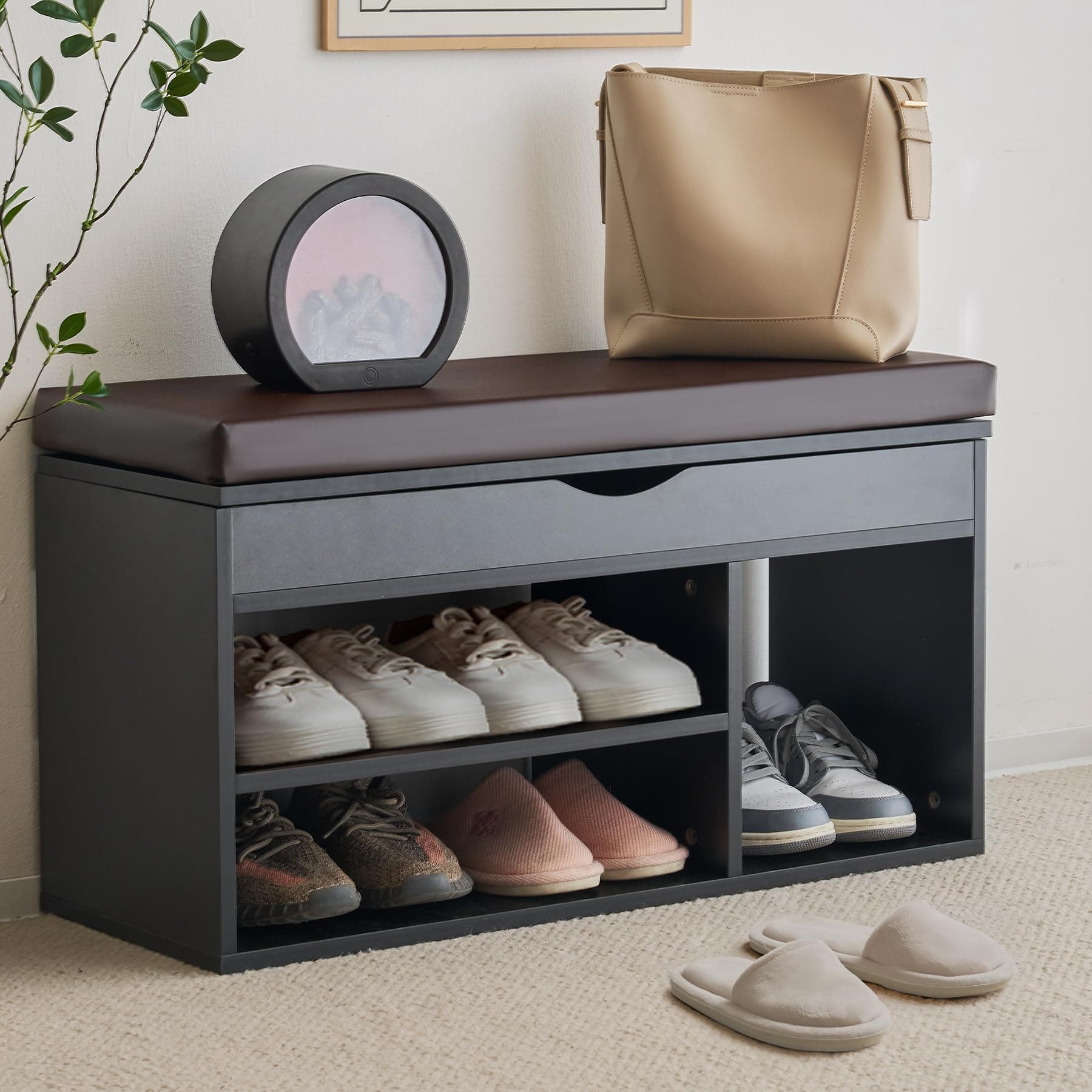 Entryway Bench with Shoe Storage, Black, 2-Tier Shoe Rack, Padded Cushion, Wooden Frame