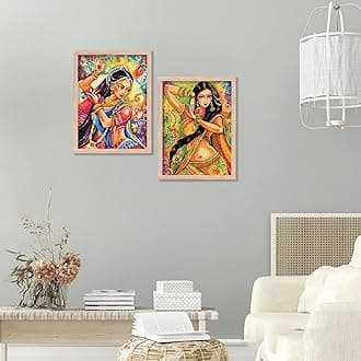kotart Madhubani Art Framed Painting for Home, Living Room, Hall | Traditional Woman Pichwai Art Paitnings with Frame for Home Decor (Set of 2) (Style03)
