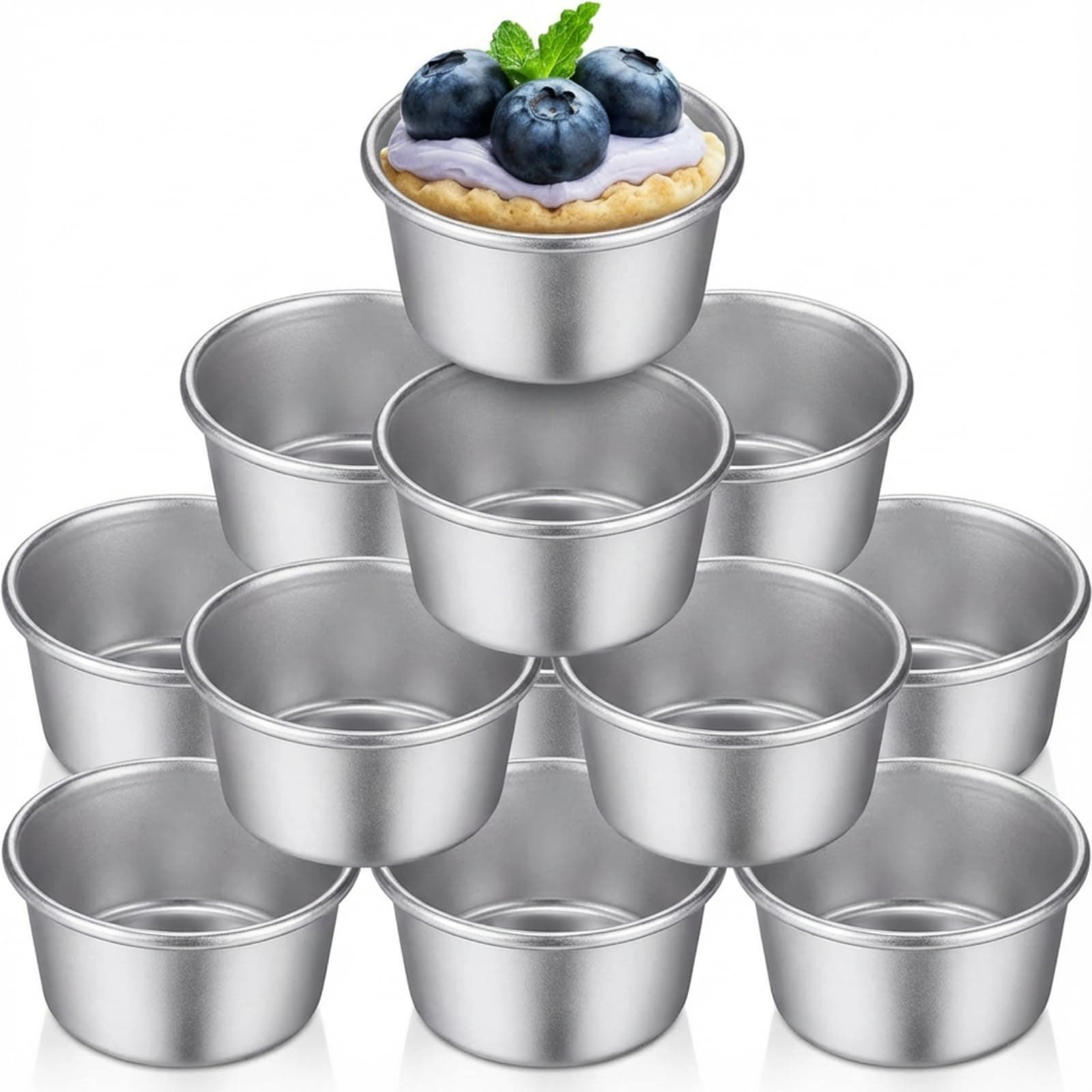 Geiserailie 10 Pieces Individual Flan Molds Egg Tart Molds Pudding Cups Mini Chocolate Molten Pans Carbon Steel Cupcake Cake Cookie, Round Nonstick Popover Bakeware Tumblers(2.6 x 2 x 1.3 Inch)