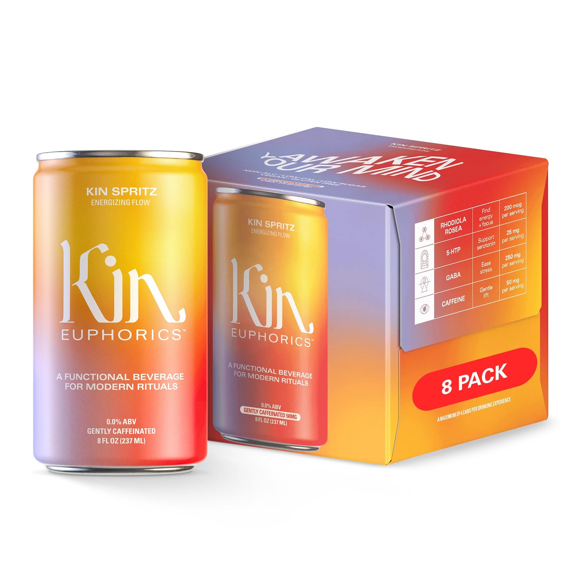 Kin Euphorics Kin Spritz Non-Alcoholic Functional Beverage | Invigorating Booster | Adaptogen & Nootropic Drink | Rhodiola Rosea, 5-HTP, GABA | Ready to Drink | 8 Fl Oz (8pk)