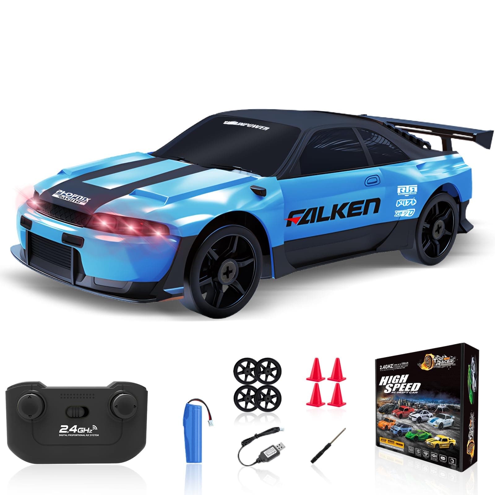 RC Drift Car 1/24 2.4GHz Remote Control Car 4WD High Speed Drifting Cars with Light Rechargeable Battery and Drift Tires RC Cars Toys for Kids Adults Girl Boys, Blue