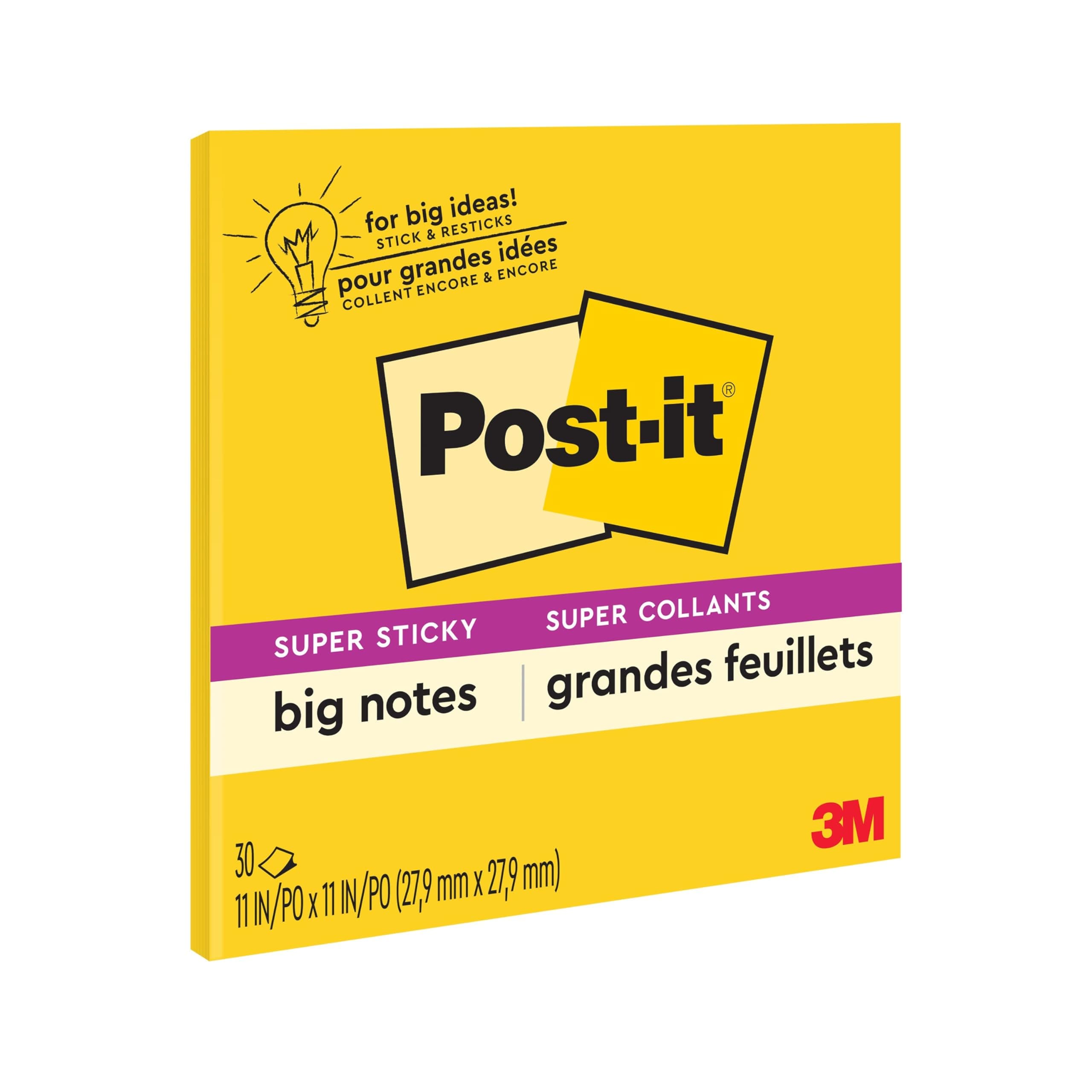 Post-it Super Sticky Big Notes, 11 in. x 11 in., Extra Large Sticky Notes Yellow, 1 Pad, 30 Sheets, Great for Vision Boards, Creative Projects, Study Spaces, Group Brainstorming, and More