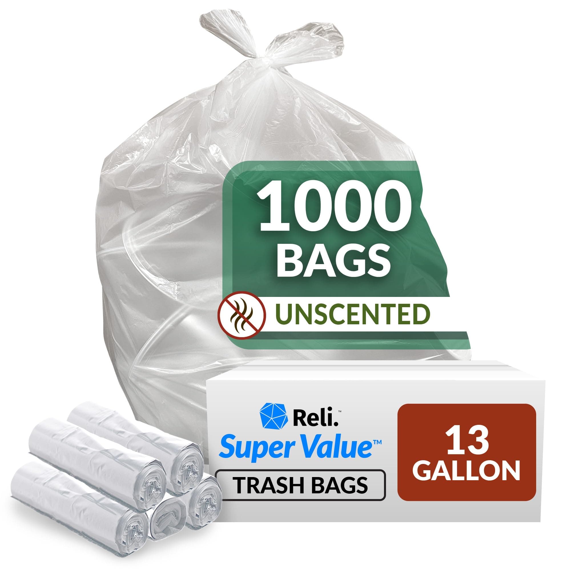 Reli. SuperValue 13 Gallon Trash Bags | 1000 Count Bulk | Tall Kitchen | Can Liners | Clear Multi-Use Garbage Bags