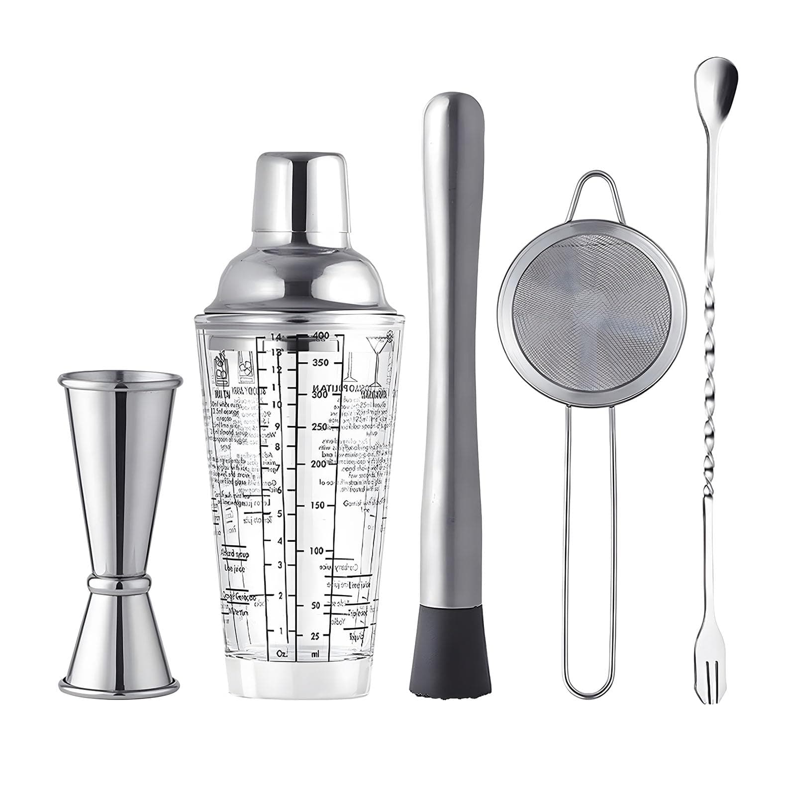 X spring Cocktail Shaker Set Kit, 5 Piece Stainless Steel Bartender Kit, 400ml Cocktail Shaker Set, Bar Tools for Mixing Drink Built-in Muddler, Jigger, Bar Spoon, Strainer, Bartending Set Gift