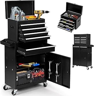 5-Drawer Rolling Tool Chest with Detachable Tool Box, Lockable Wheels, 4 Hooks, and Liner, Heavy-Duty Metal Tool Cart for Garage and Workshop Storage, Black