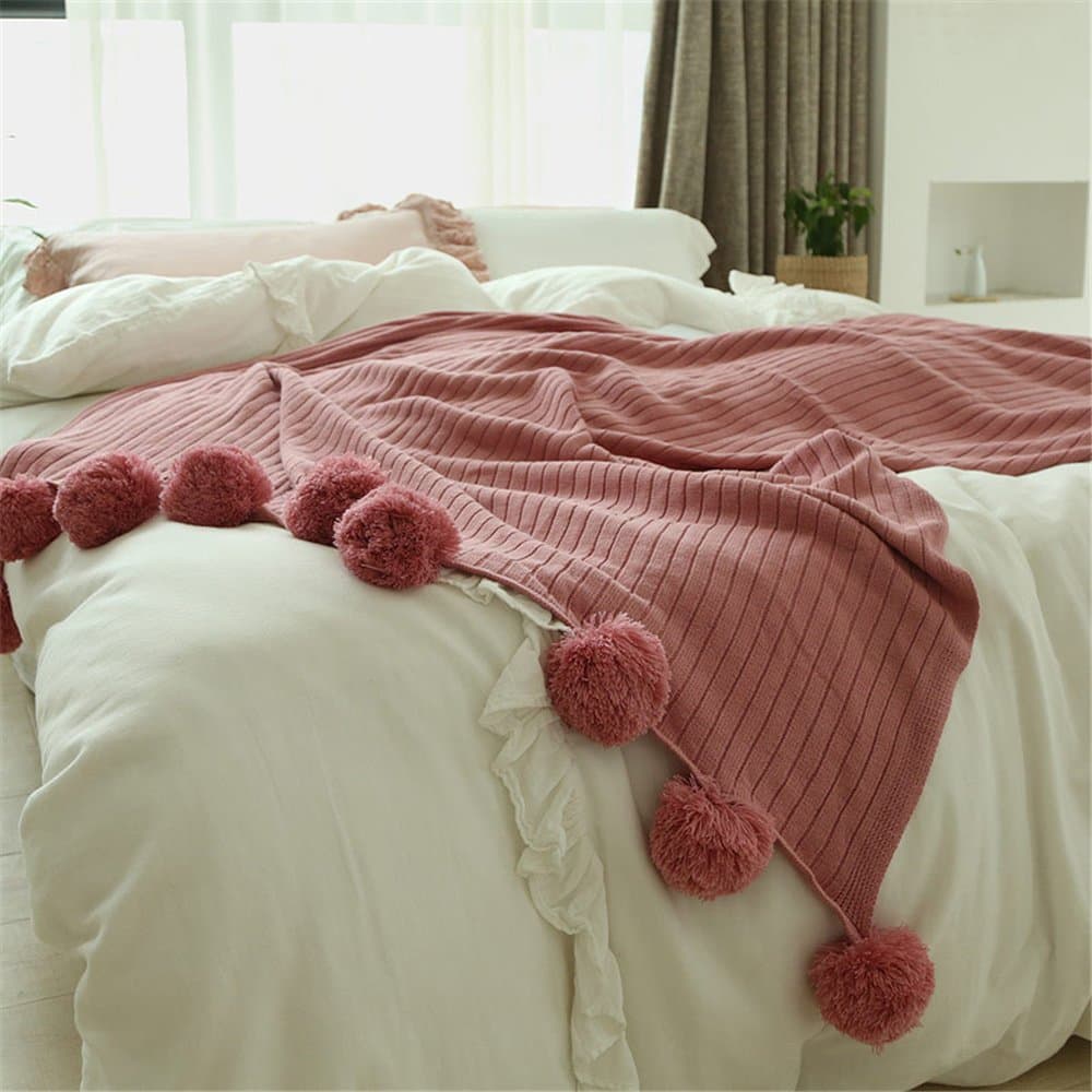 YEVEM Throw Blankets with Pom Poms Handmade Cotton Cable Knitting Throw Sleeping Cover Blanket Rug for Kids or Adults Bedroom Sofa/Bed/Couch/Car/Living Room/Office (59" x 79", Rose Pink)