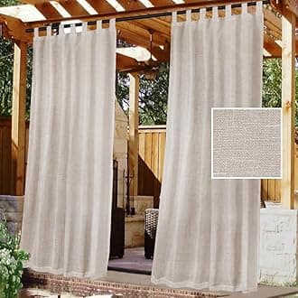 Outdoor Linen Sheer Curtains for Patio Waterproof - Indoor/Outdoor Divider Privacy Added Light Filtering Porch Decor with Detachable Self-Stick Tab Top for Gazebo/Cabana, Natural, 1 Piece, W52 x L84