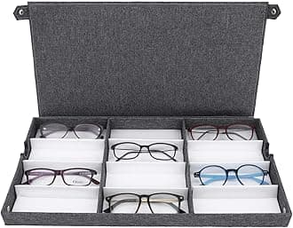 Ikee Design Eyewears Organizer Box -12 Slots Small or Medium Eyeglasses Box Display Case with Lid for Eyeglasses, Watches and Jewelry, Grey Lienen, 19"W x 9 3/4"D x 1 1/2"H