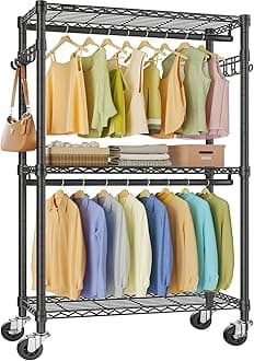 R2 Heavy Duty Rolling Garment Rack 3 Tiers Adjustable Clothes Rack with Double Rods & Hooks, Freestanding Wardrobe Closet Storage Rack Metal Clothing Rack for Hanging Clothes, Black
