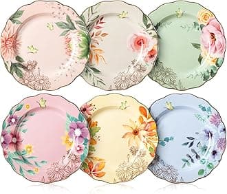 Brew To A Tea BTaT- Porcelain Floral Plates, 8 inch, Set of 6, Royal Dessert Plates, Appetizer Plates, Floral Plates, Salad Plates, Small Plates, Small Plates Set, Small Dishes, Dinnerware