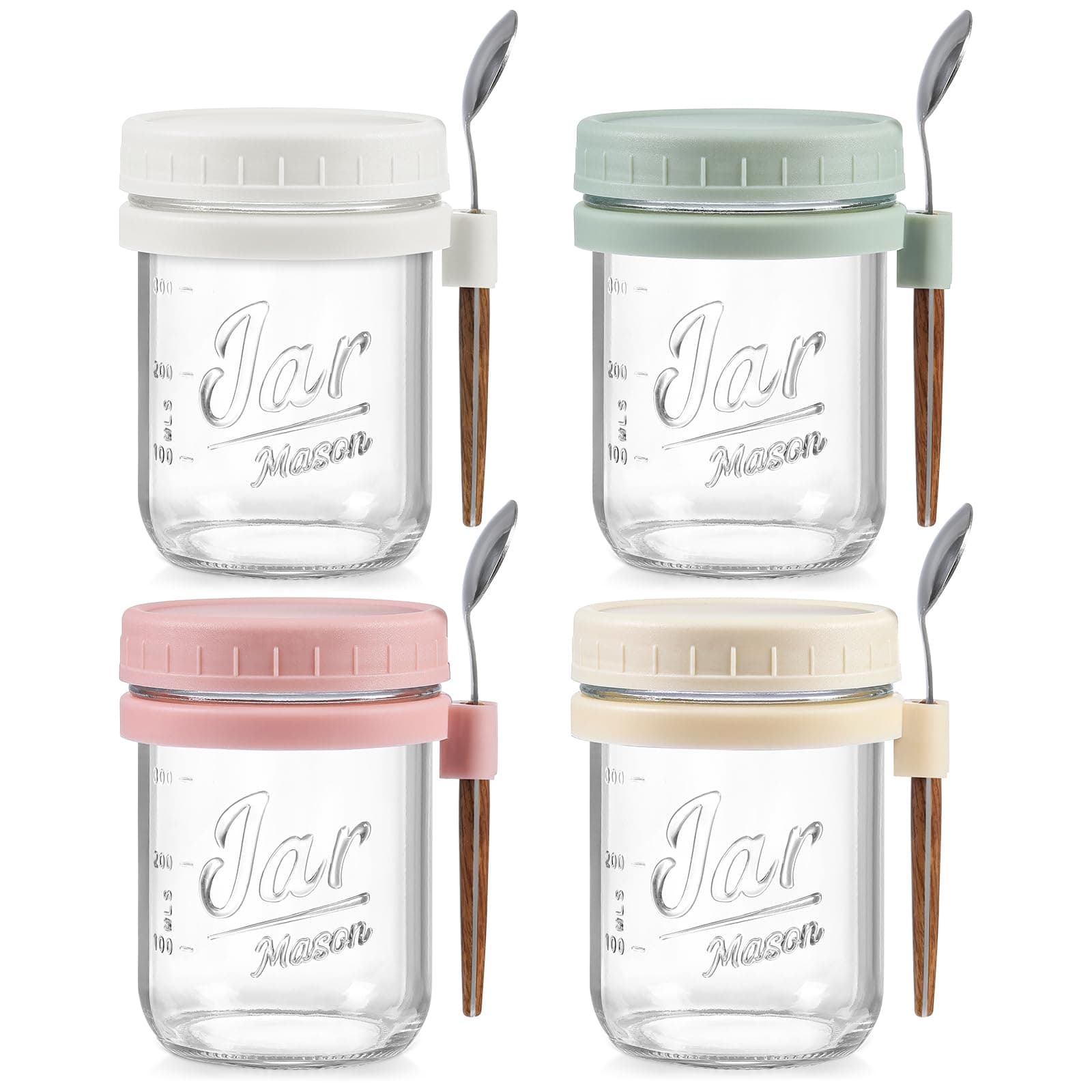 LANDNEOO 4 Pack Overnight Oats Containers With Lids And Spoons, 16 Oz Glass Mason Jars With Airtight Lids, Overnight Oats Jars For Milk, Cereal, Fruit, Transparent