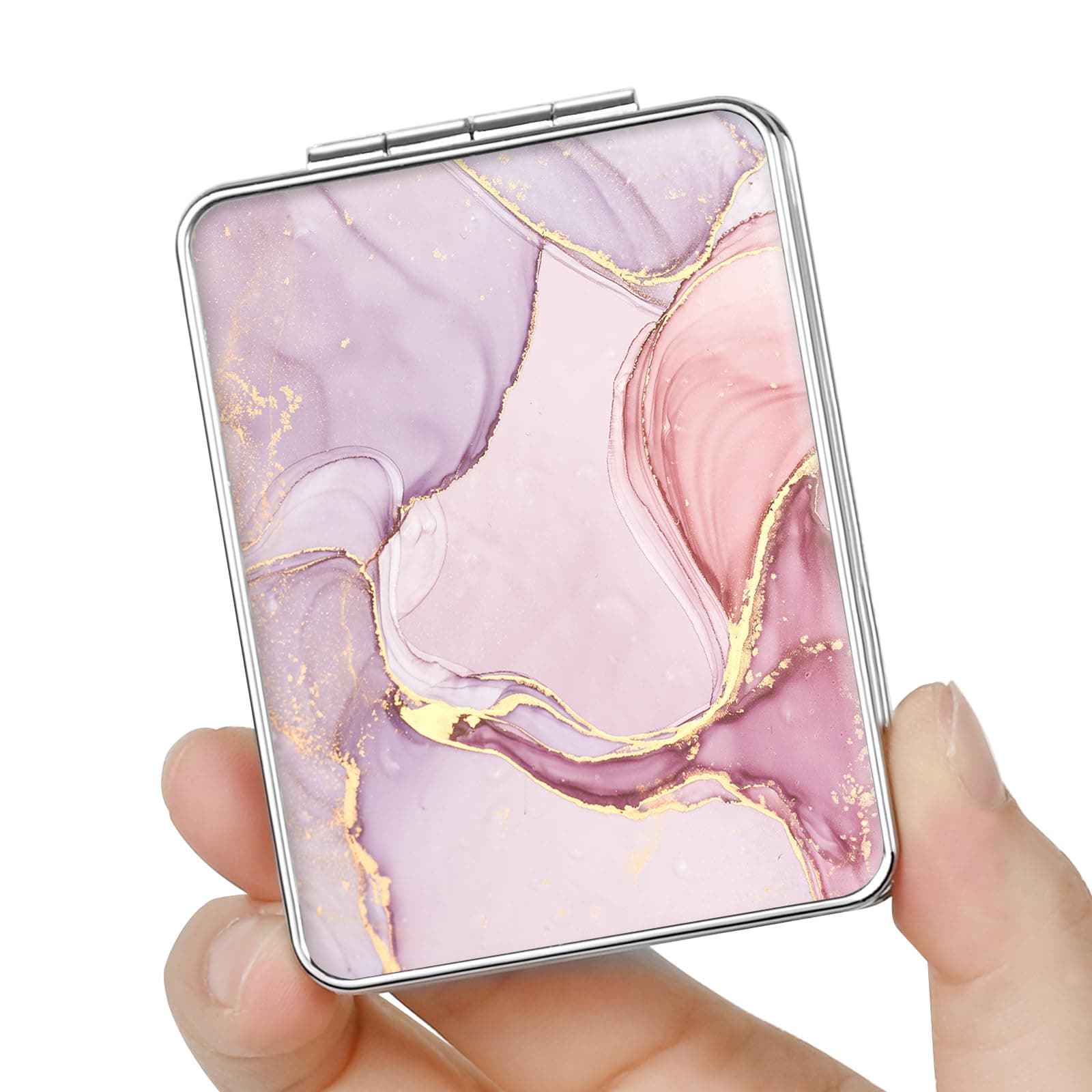 Pocket Mirror, Small Travel Mirror with Magnification, Portable Double-Sided Magnifying Cosmetic Mirror for Daily (Pink Marble)