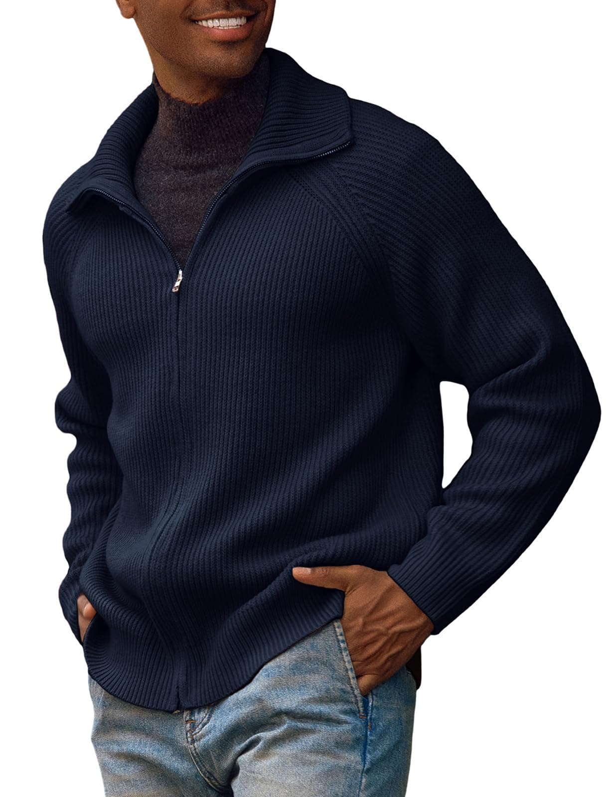 PJ PAUL JONES Men's Full Zip Cardigan Sweaters Unisex Relax Fit Lapel Collar Raglan Sleeve Casual Ribbed Sweater