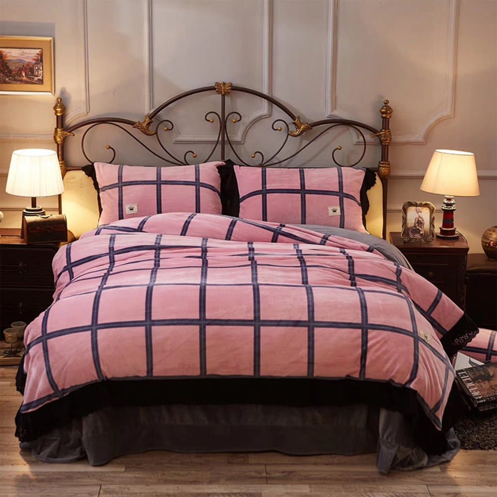 Setxlv 4 Piece Flanelle Thicken Full Tree Wool Grinding Wool Four Pieces of 100% Cotton Bed Set Superking Quilt Cover Sheet Duvet Cover 200 * 230 cm Sheet 250 * 260 cm Pillow Case 74 * 48 cm, flannelette, Rosa Gitter, 220 x 240 cm
