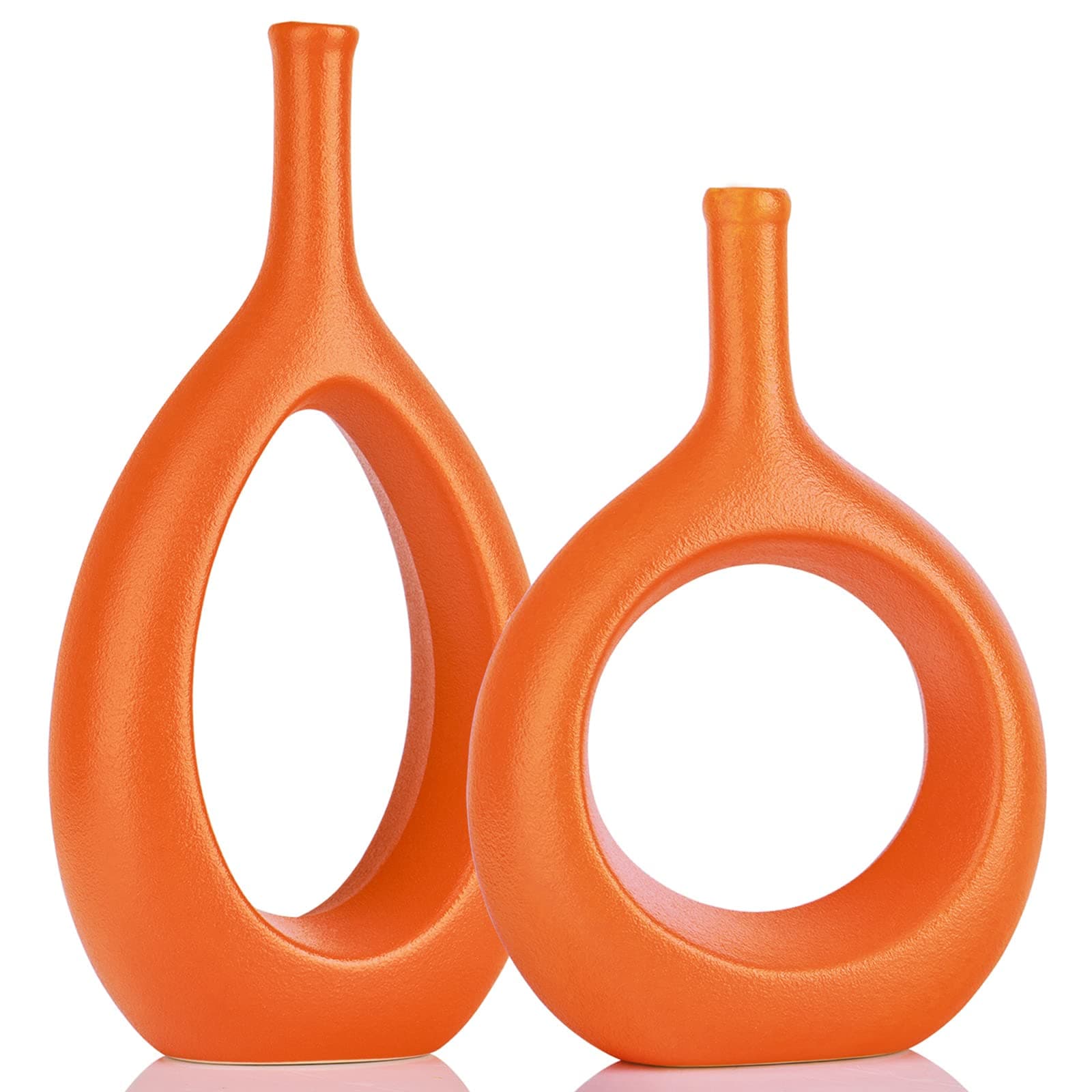 Orange Ceramic Hollow Elliptical Vase Set of 2 - Boho Circle Vase with Hole, for Modern Orange Table Decor, Living Room Decor Shelf mid Century Modern Home Entrance Decorative vase