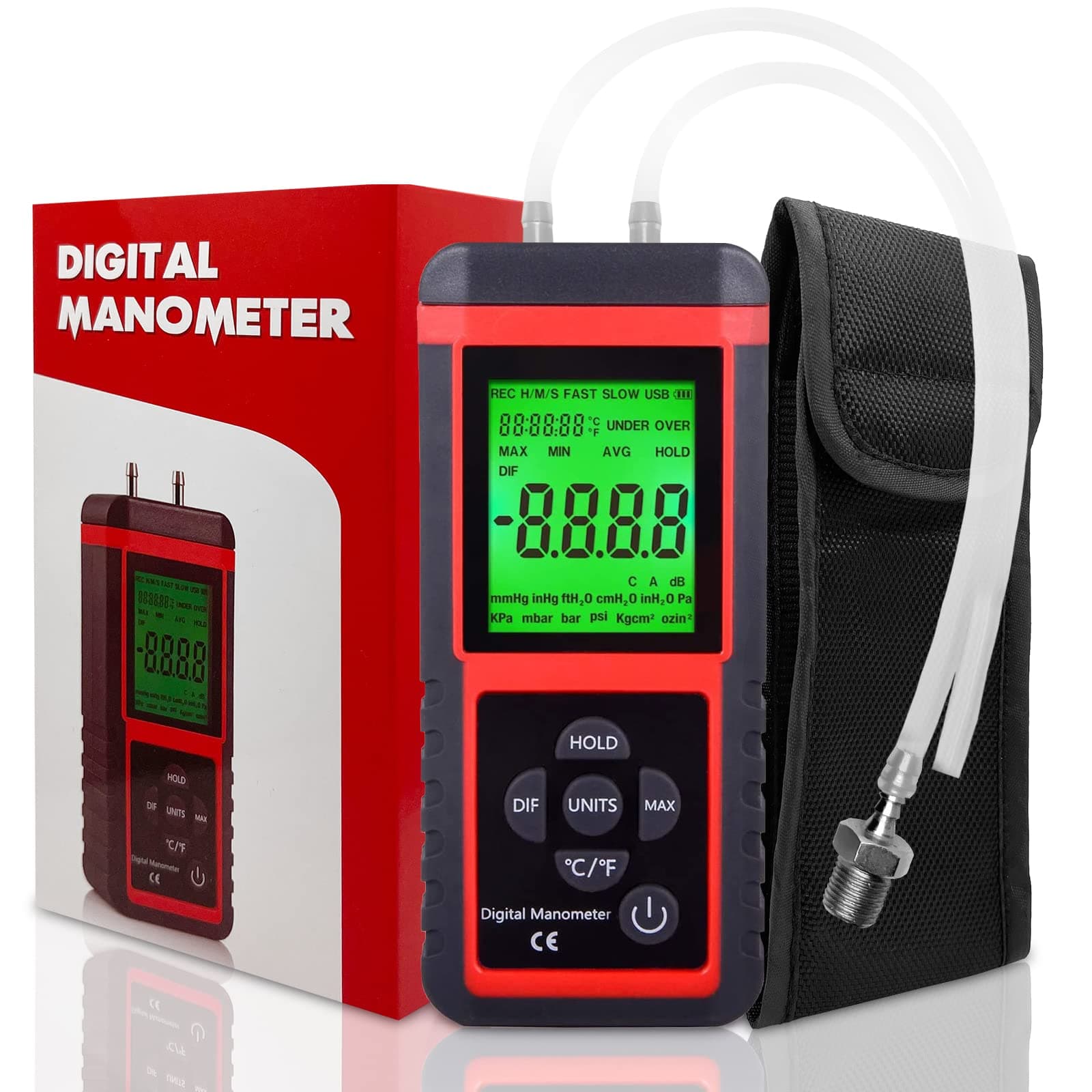 Ehdis Digital Manometer Air Pressure Meter Gas Gauge Reader with 32-bit MCU 24-bit ADC High Accuracy 12 Units Data Save or Hold