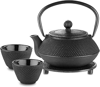 Cast Iron Teapot Set,Japanese Teapot Heat Preservation with Trivet,Stainless Steel Infuser and 2 Cups,Durable Cast Iron with a Fully Enameled Interior,Beautiful Hammered Design,700ML/23oz