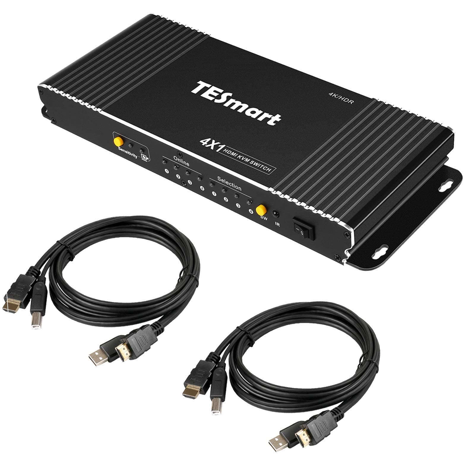 TESmart HDMI KVM Switch 4 Port 4K@60Hz 4:4:4 Ultra HD | 4x1KVM Switcher 4 in 1 out with 2 pcs of 1.5 m KVM Cables Supports USB 2.0 Devices HDCP2.2 Control up to 4 computers