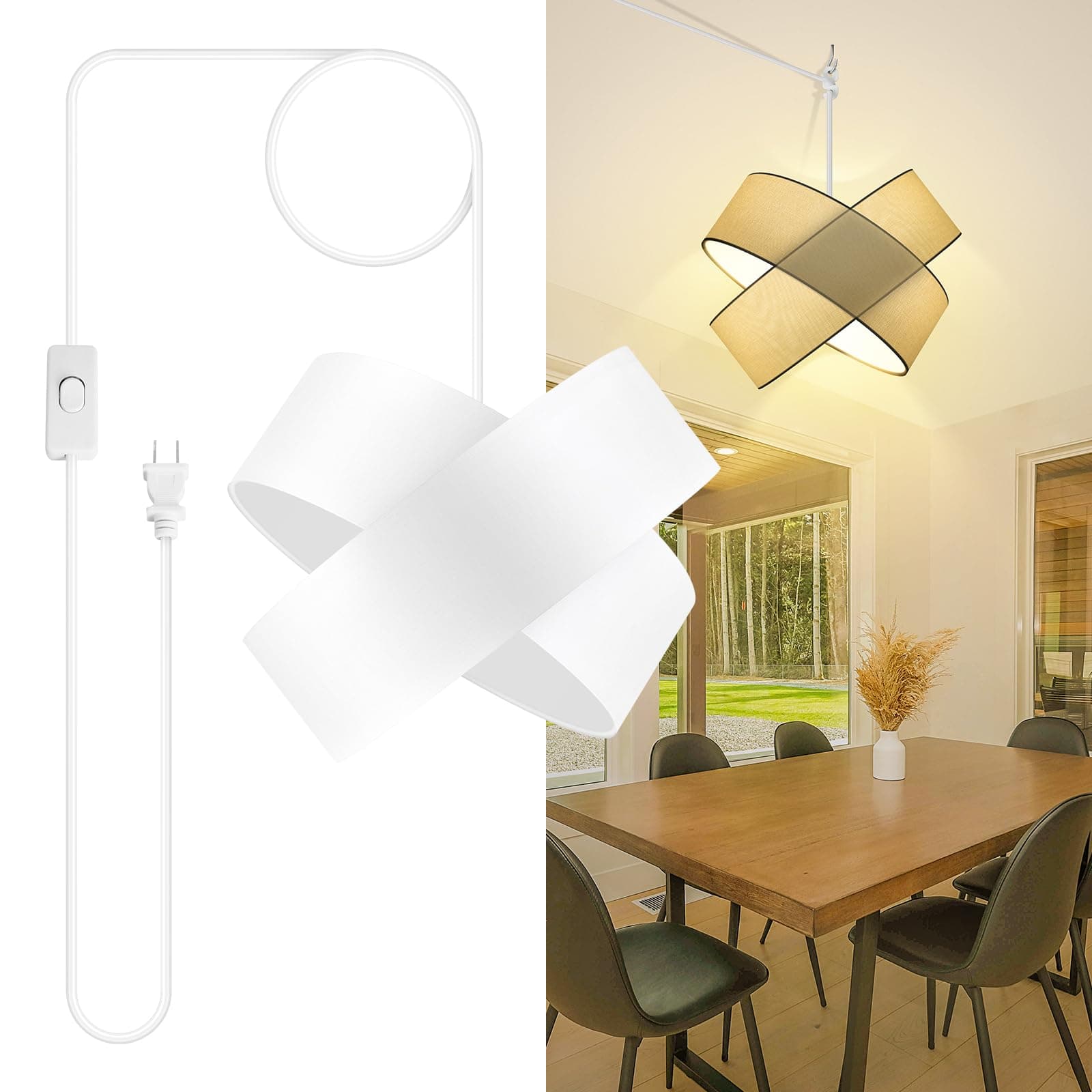 Plug in Pendant Light Ceiling Fixture, White Hanging Lamp with 14.5FT Plug-in Cord, On/Off Switch, 13" Linen Lampshade, Overhead Hanging Light for Living Room Bedroom Dining Room(E26 Base, NO Bulb)