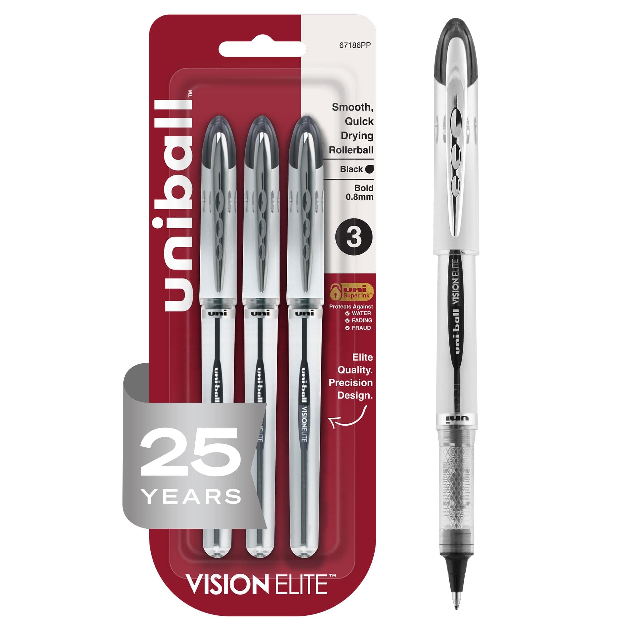 uniball Vision Elite Rollerball Pens, Bold Point (0.8mm), Black, 3 Pack