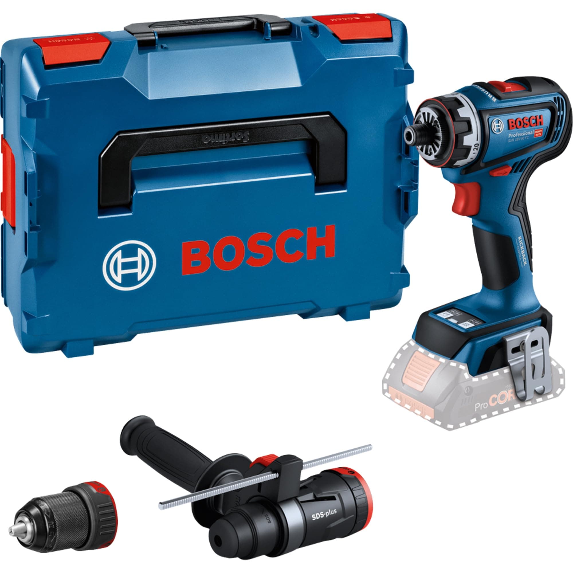 Bosch Professional 18V System cordless drill-driver GSR 18V-90 FC - FlexiClick System (with 1 GFA 18-M metal chuck adapter, 1 GFA 18-H drill adapter, auxiliary handle, L-BOXX)