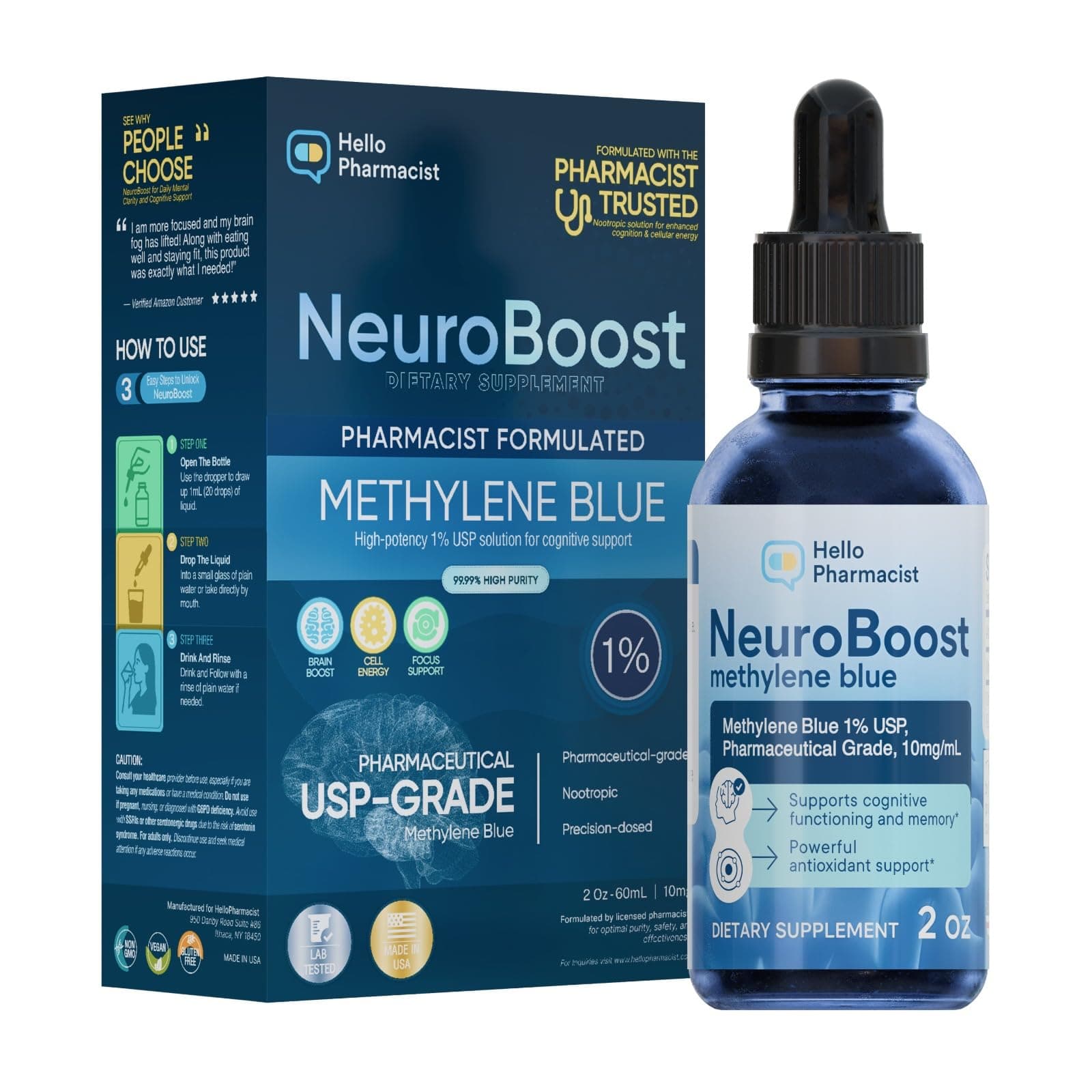 HelloPharmacist NeuroBoost Methylene Blue 1% - 2Oz (60 mL) - Pharmaceutical USP Grade 99.99% Purity - Lab Certified - Made in The USA - 1mL Graduated Dropper (10mg/1mL) - Trusted Brand