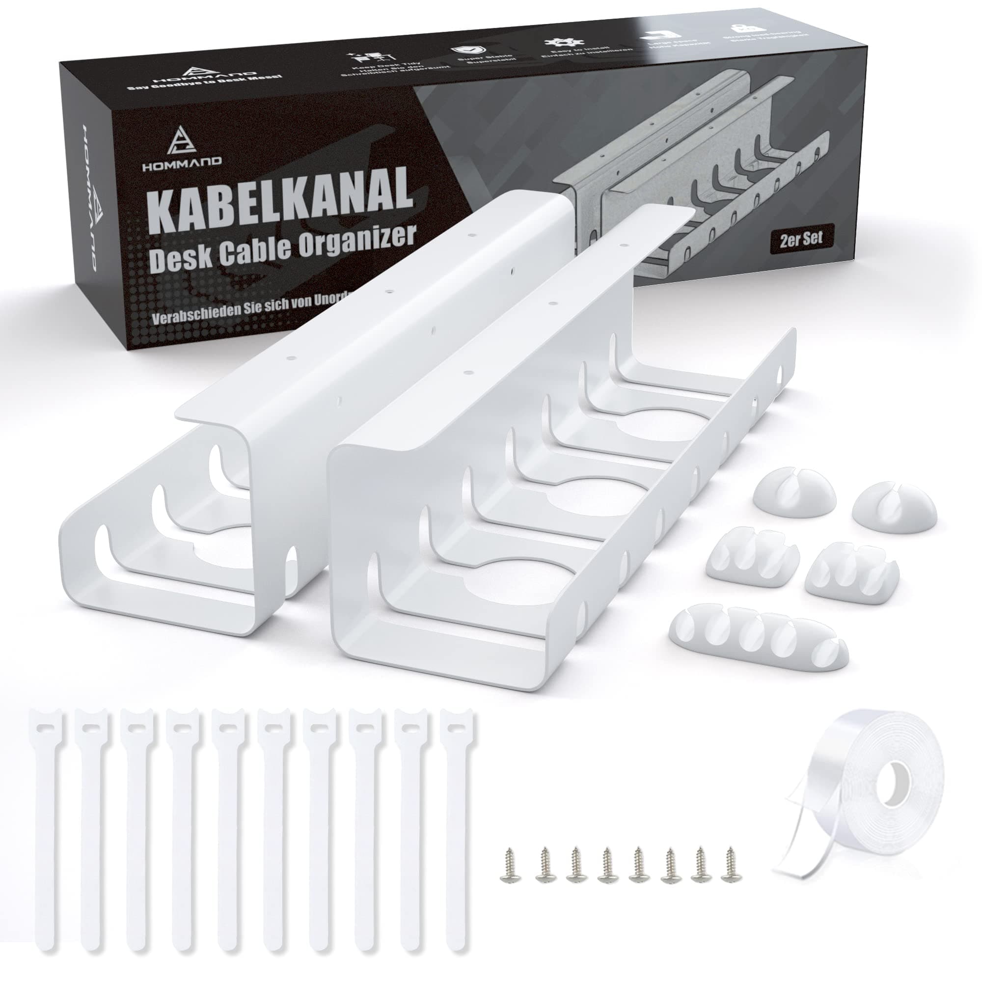 HOMMAND Under Desk Cable Management Tray 2 Pack, Sturdy Steel Cable Tray Under Desk Self Adhesive and Drilling Mounting, Desk Cable Tidy Tray for Keeping Cable Desk Tidy, for Office and Home