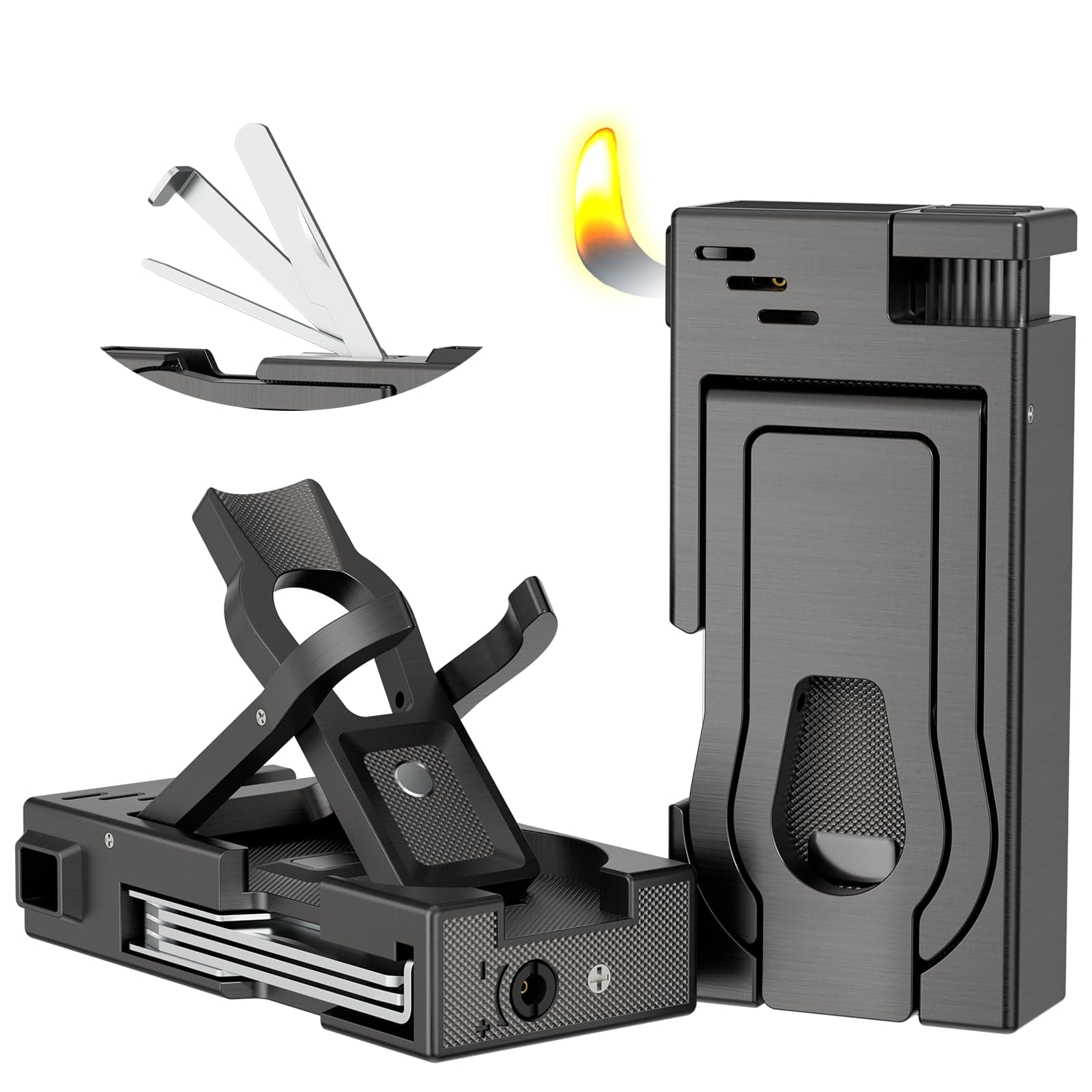 Multifunctional Pipe Lighter, Built-in Stand, 3 in 1 Cleaner Tools, Refillable Butane Lighter with Angled Soft Flame, Handy, Gas, for Pipe Gift