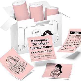 Memoqueen T02 Pink Self-Adhesive Thermal Paper, Inkless Sticker Paper Printer Label Paper, 3 Rolls 1.96" x 11.4' (50mmx3.5m/Roll), Compatible with T02/Q02, Black Text, Keep for 20 Years