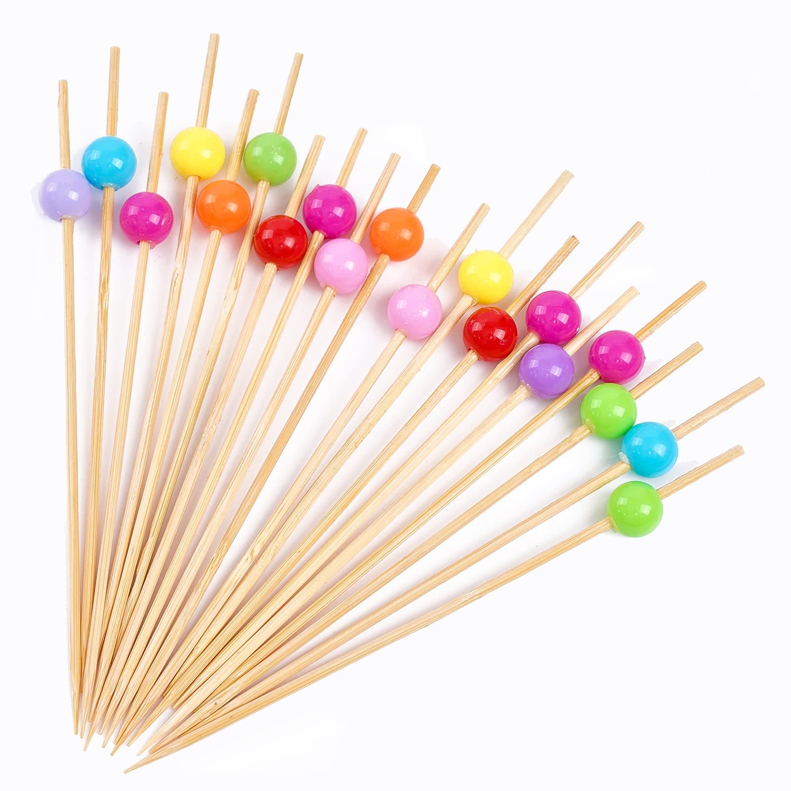 PuTwo Cocktail Picks Sandwich Appetizer Fruit Spears-100ct Multicolor Pearl Decorative, Assorted Color Beads, 4.7" in 100 Counts