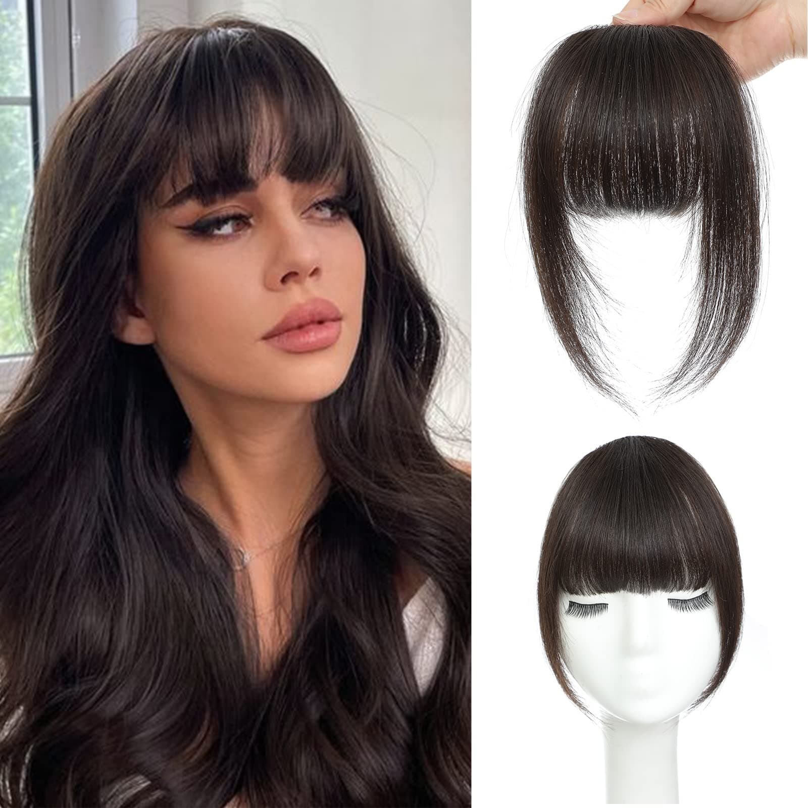 MOCA HAIR Clip In Bangs 100% Human Bangs Clip In Extensions Clip On Bangs Dark Brown Clip In Bangs Real Human Fake Bangs For Natural , 1.0 count,