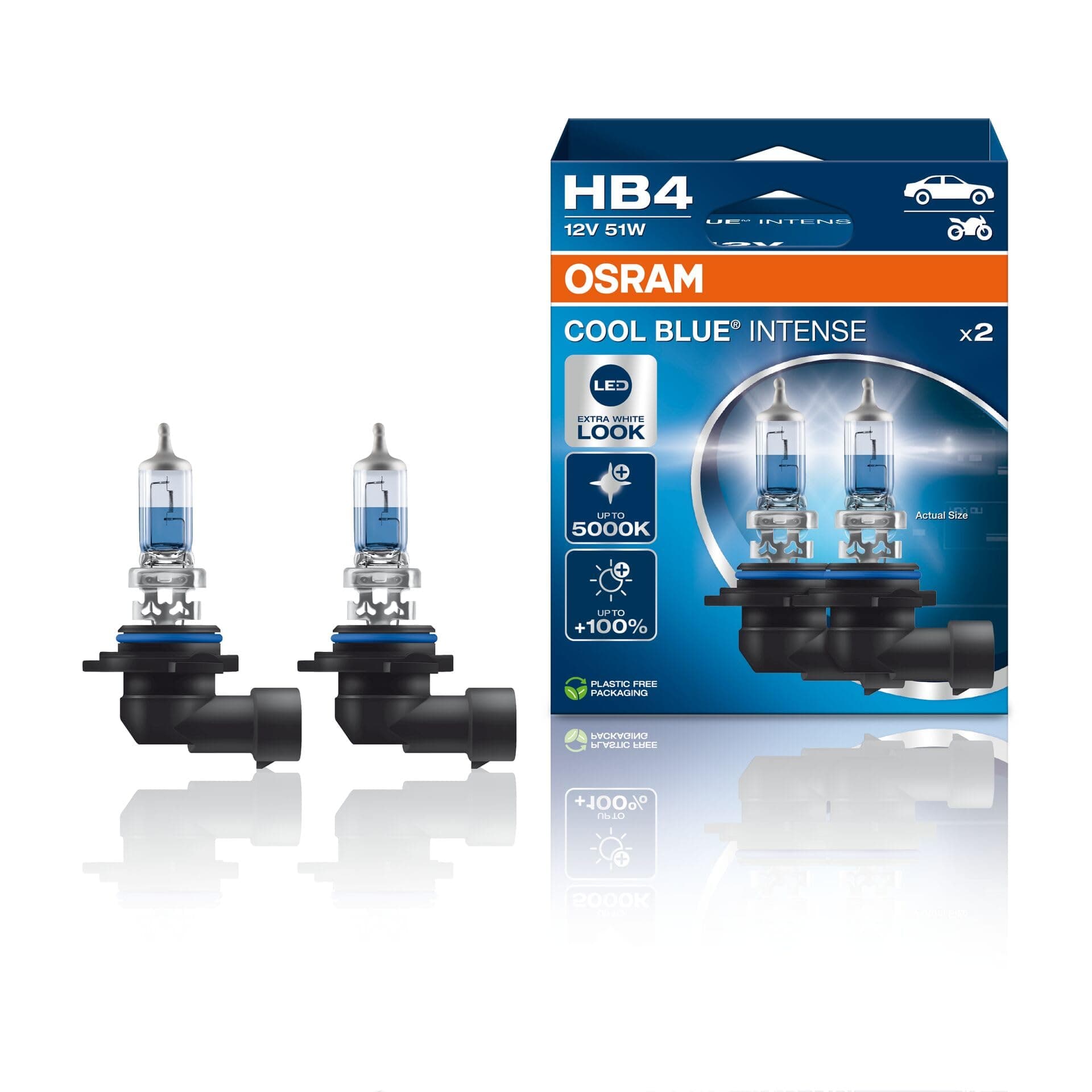 COOL BLUE INTENSE HB4, +100% more brightness, up to 5,000K, halogen headlight lamp, LED look, duo box (2 lamps)