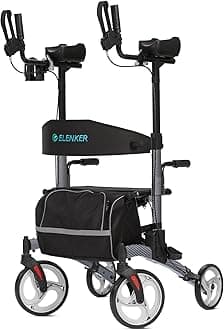 ELENKER Upright Walker, Stand Up Folding Rollator Walker with 10” Front Wheels Backrest Seat and Padded Armrest for Seniors(Carbon Fiber Black)