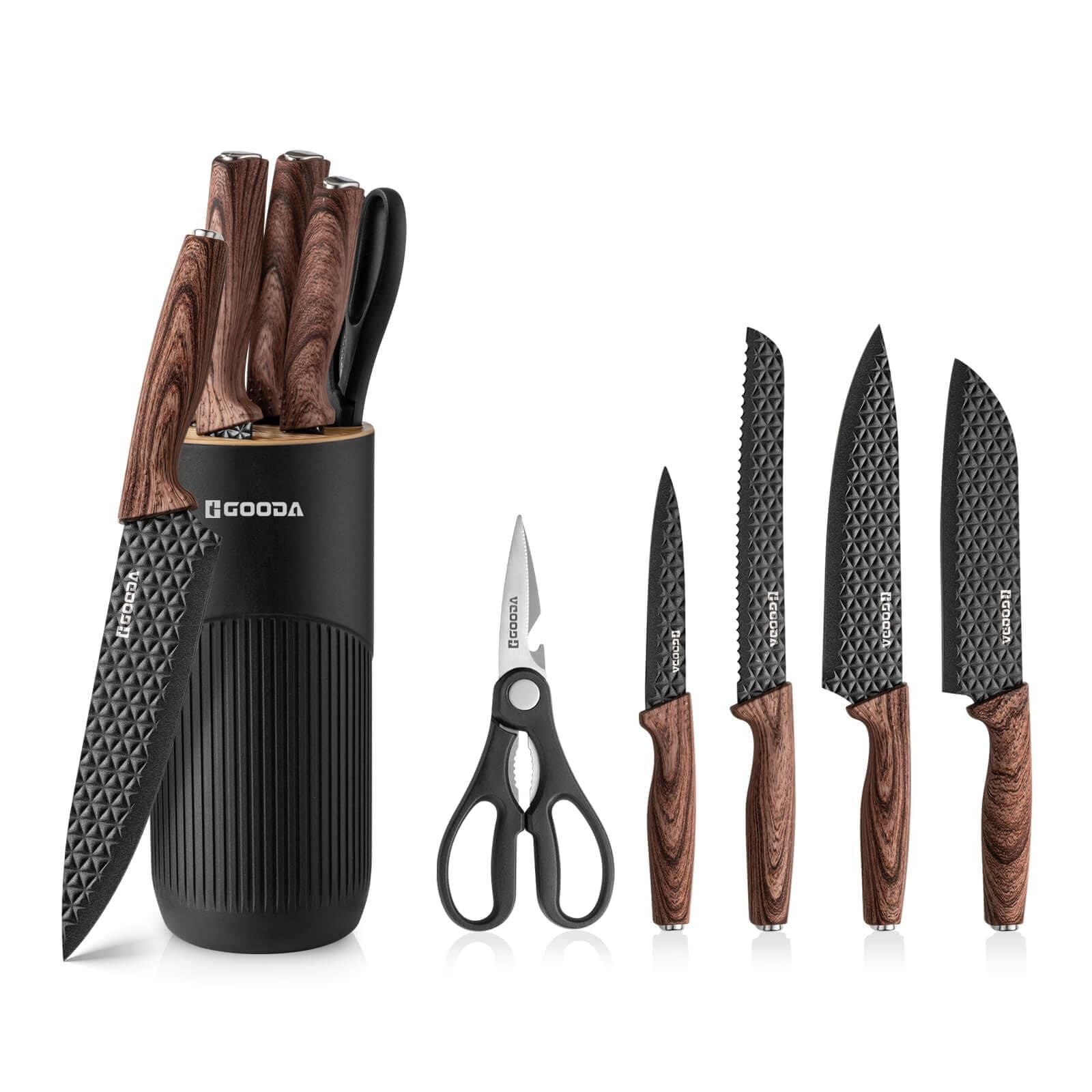 GOODA Kitchen Knife Set With Block,6-Piece Professional Chef Cooking Knives Set For Kitchen,Non-Stick Stainless Steel Knife Block Set