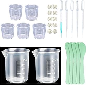 Measuring Cups Kit - 5 Pcs 30ml, 2 Pcs 100ml Plastic Measuring Cups, Paint Resin Mixing Cups, Medicine Graduated Measure Cups with 5 Pcs Mixing Sticks, 10 Pcs Finger Cots and 5 Pcs Transfer Pipettes