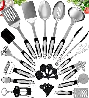 Kitchen Utensils Set - Non-Stick Heat Resistant Cooking Utensils Set - Spoons Turners Spatula Ladle Set - Kitchen Tools Gadgets Accessories (40 pcs Stainless Steel Set)