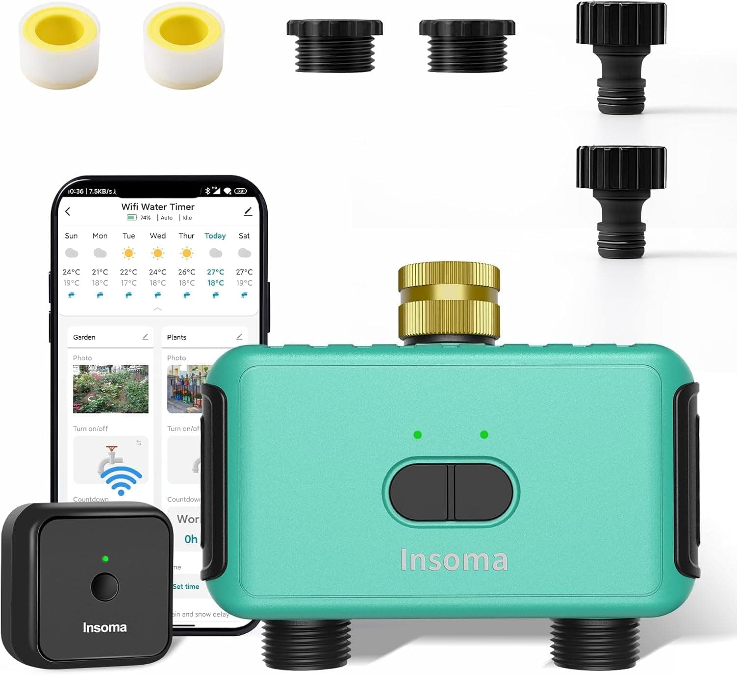 Smart Hose Watering Timer with Wi-Fi Hub, Automate Water & Sprinkler Schedules for Lawn, Garden, & Yard Care, Compatible with Alexa Green-Brass Inlet & Plastics Outlet (2-Outlet)