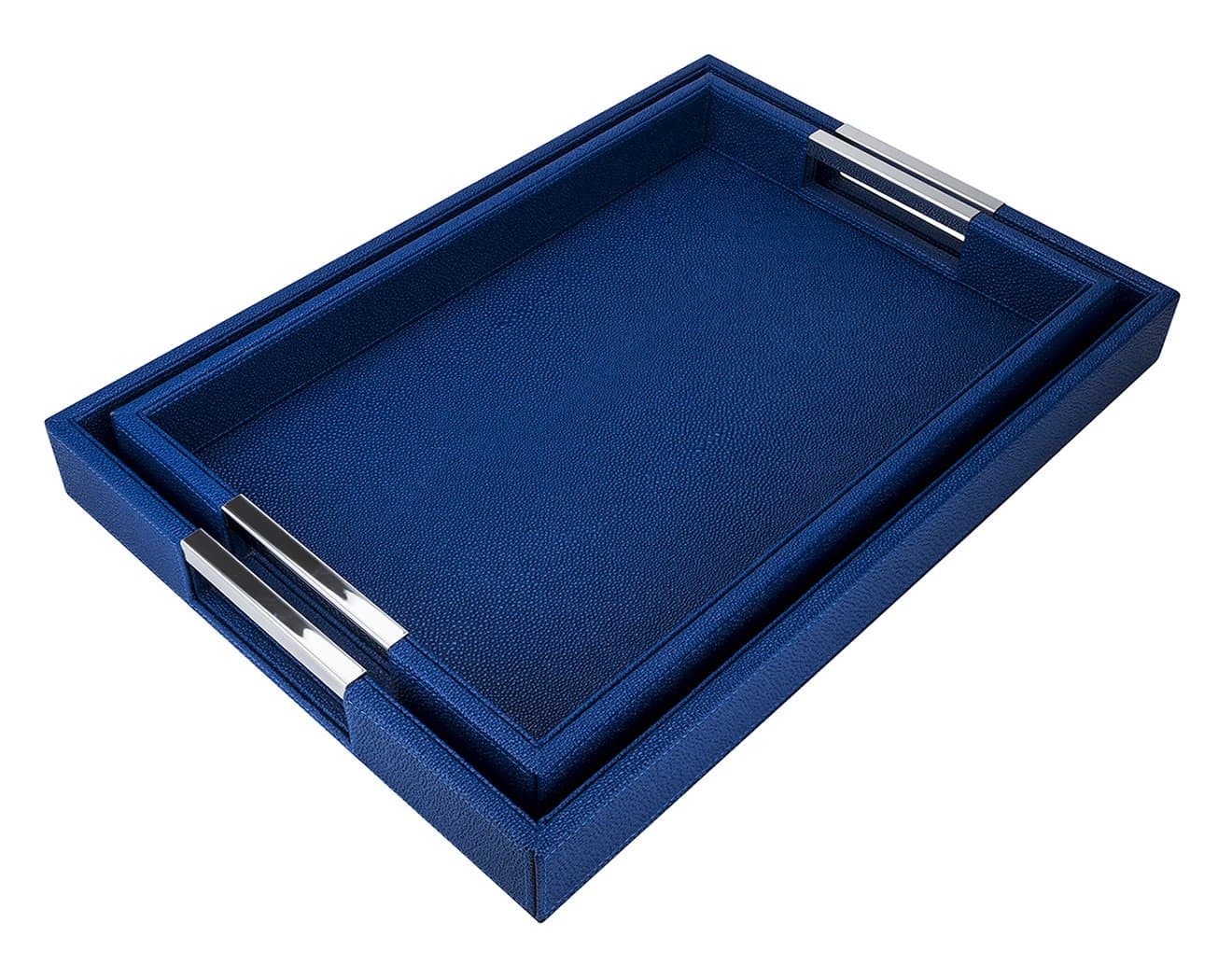 VIVE DESIGNS Shragreen Faux Leather Recangular Trays, Luxury Blue Serving Trays, Breakfast Coffee Tray, Butler Serving Trays, Set of 2